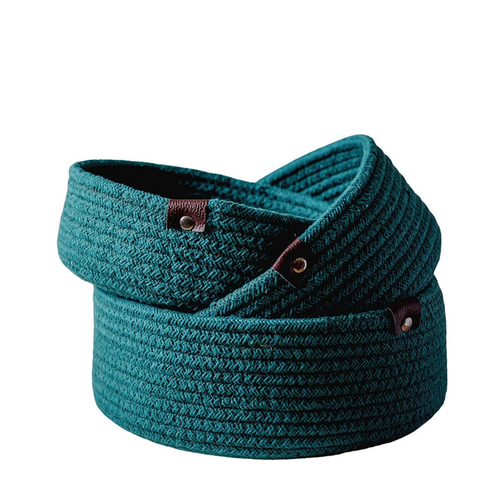 Dark Teal Cotton Rope Storage Bowl Set with Leather Tabs