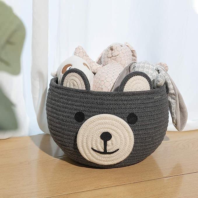 Dark Grey Cotton Rope Bear Face Matka Storage Basket