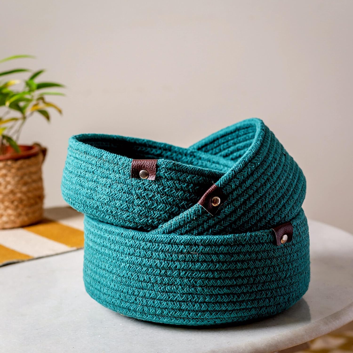 Dark Teal Cotton Rope Storage Bowl Set with Leather Tabs
