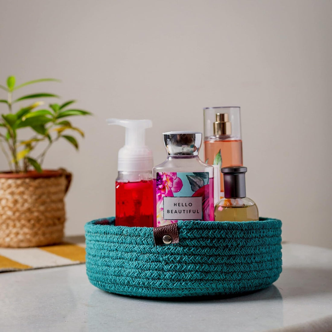 Dark Teal Cotton Rope Storage Bowl Set with Leather Tabs