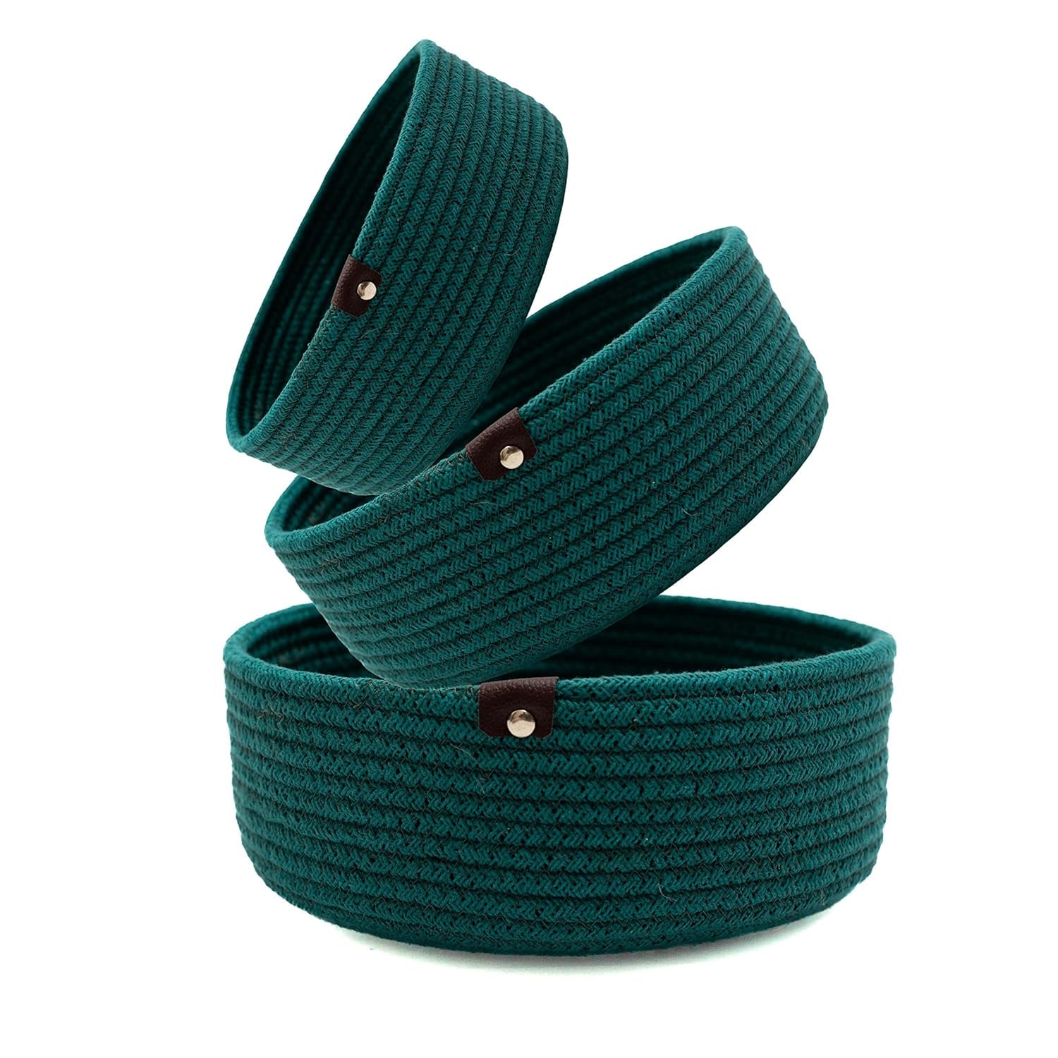 Dark Teal Cotton Rope Storage Bowl Set with Leather Tabs