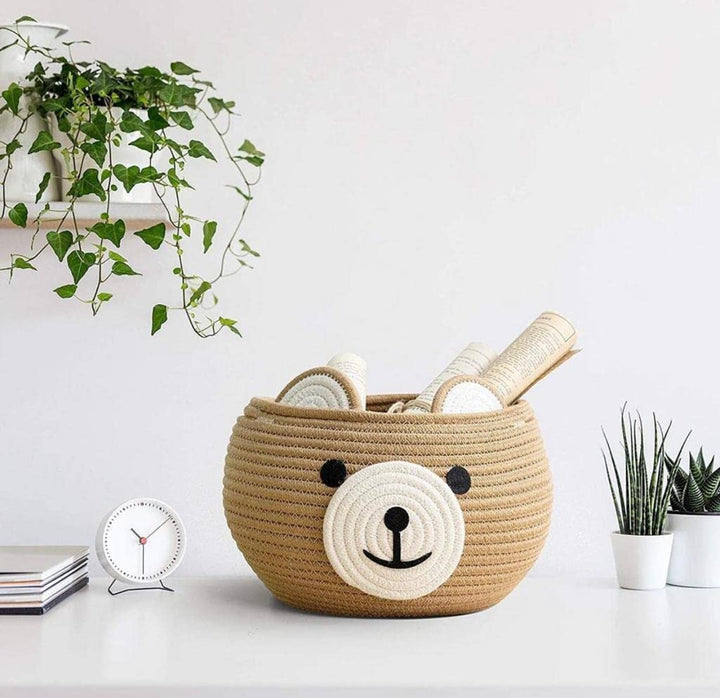 Brown Cotton Rope Bear Face Matka Storage Basket