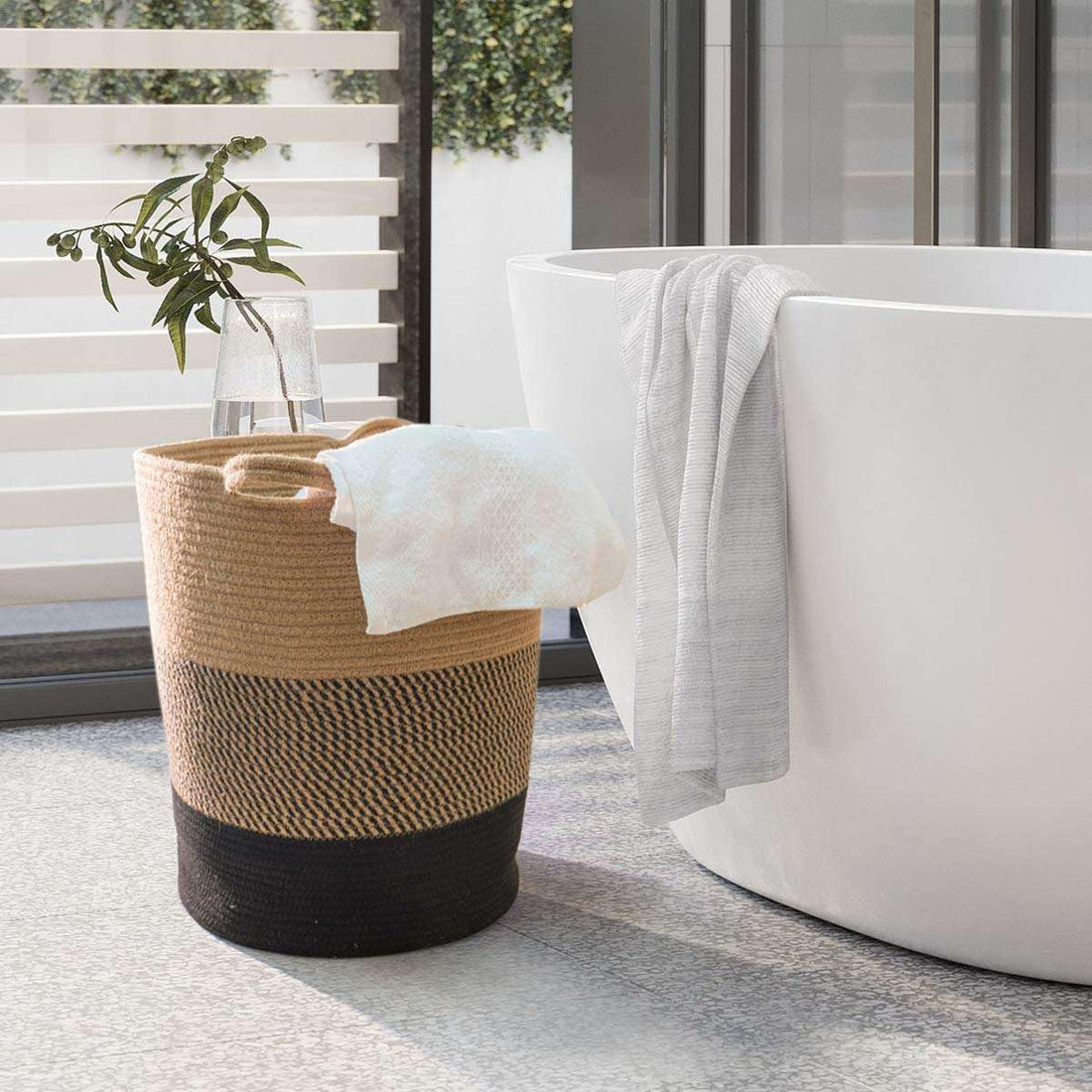 Beige Black Laundry Storage Basket Large Rope Organizer Bin