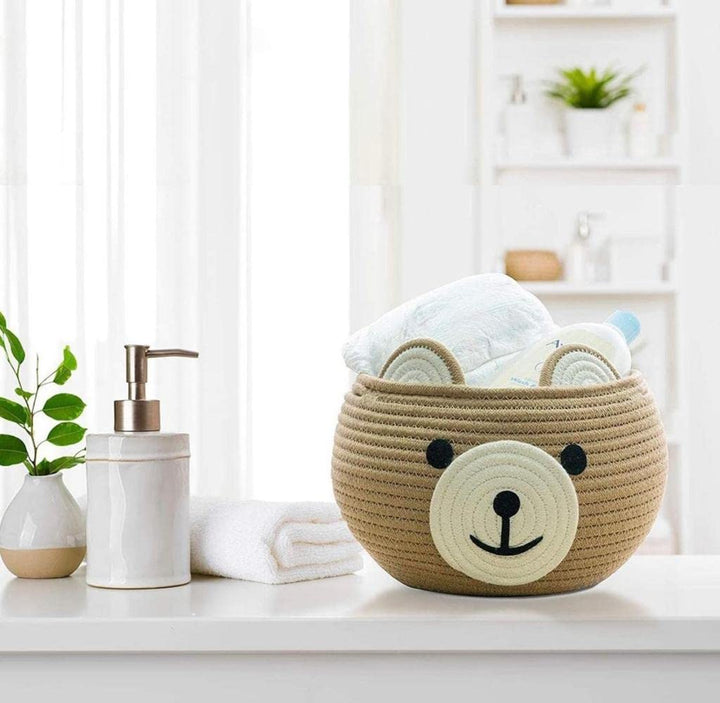 Brown Cotton Rope Bear Face Matka Storage Basket