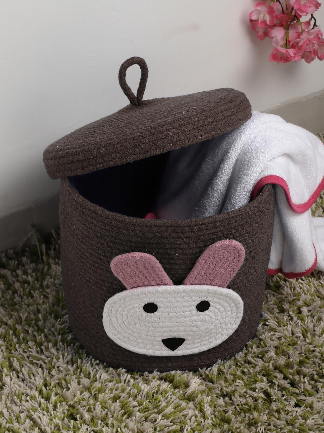 Brown Bunny Face Storage Basket with Lid for Kids Toy Room
