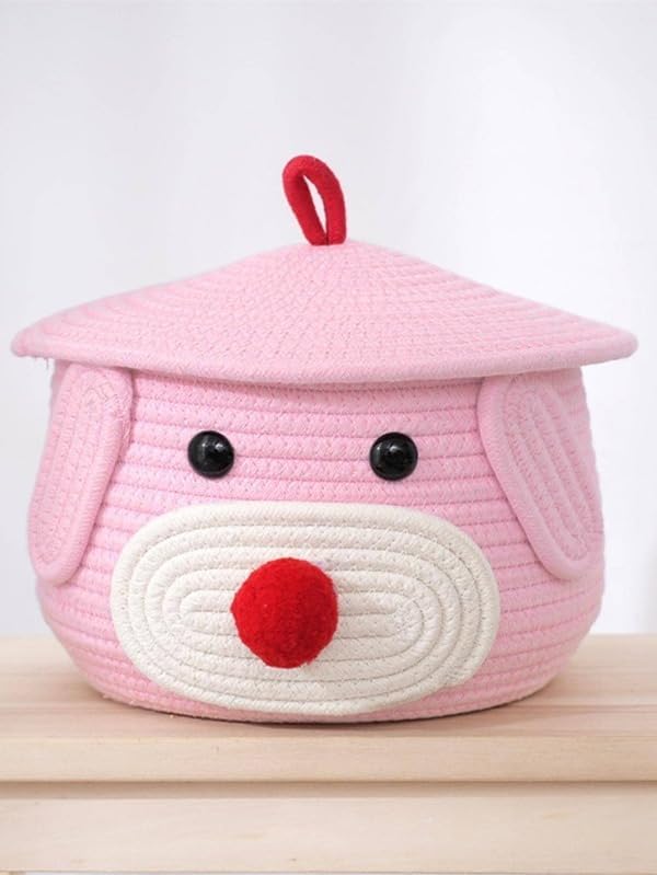 Pink Cotton Rope Dog Face Matka Storage Basket