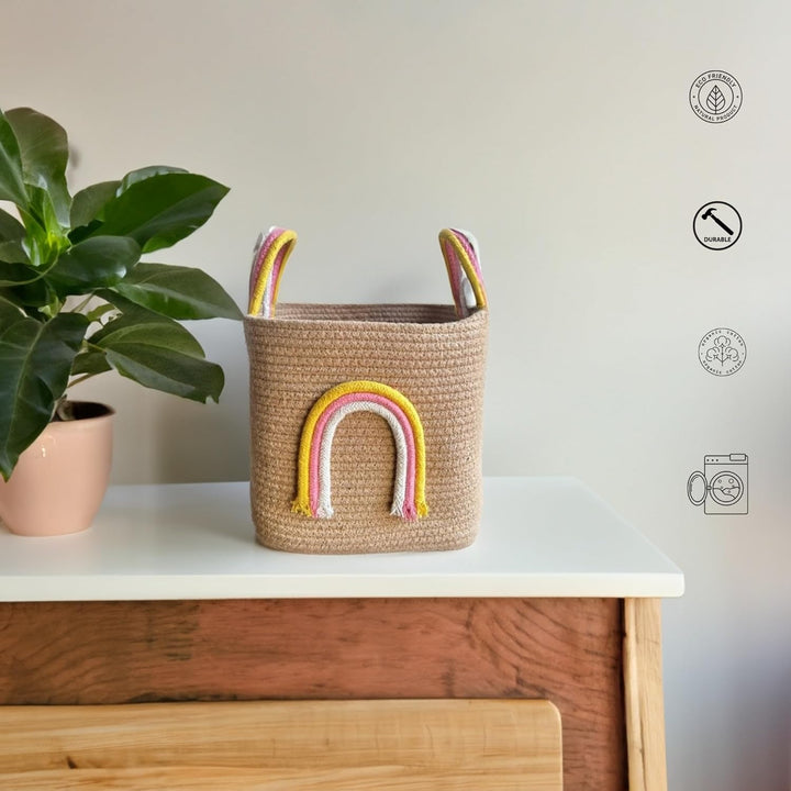 Rainbow Design Cotton Rope Storage Basket with Handles