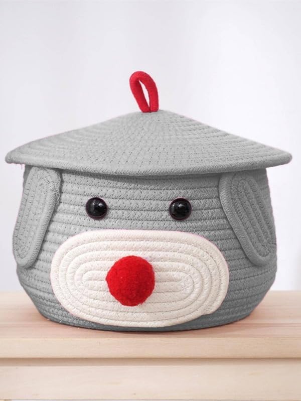 Grey Cotton Rope Dog Face Matka Storage Basket with Lid