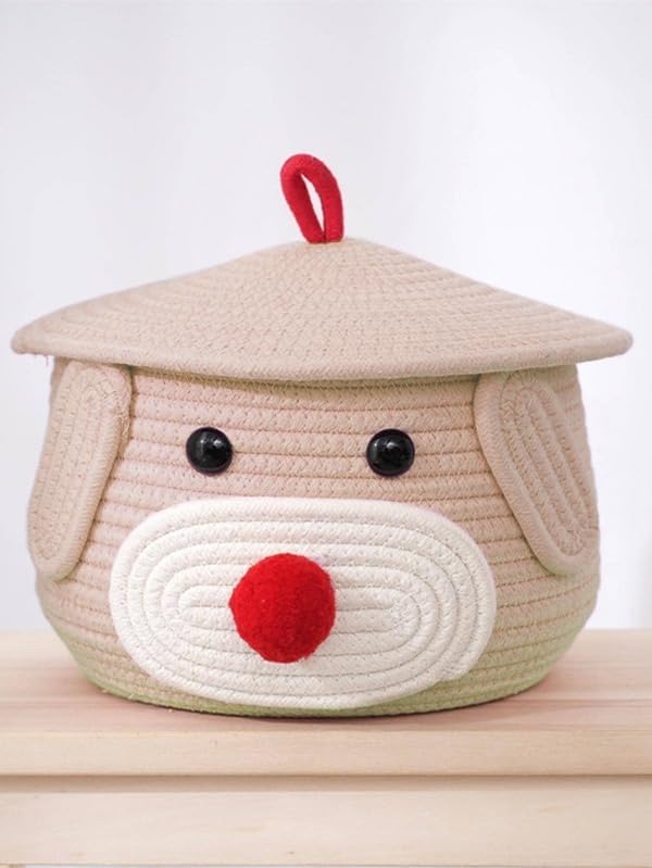 Beige Cotton Rope Dog Face Matka Storage Basket with Lid