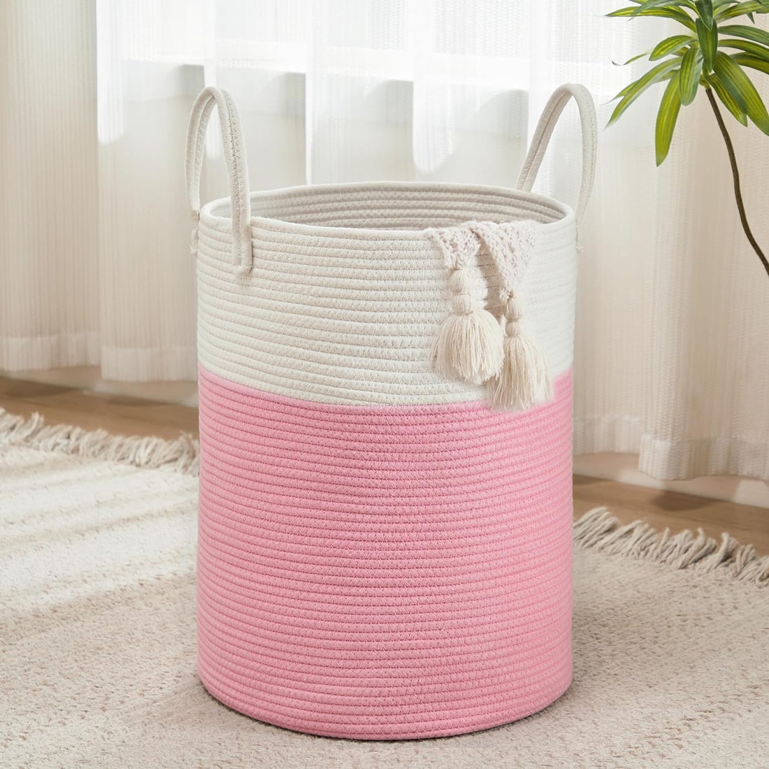 Cotton Rope Laundry Storage Basket White Pink Home Organizer