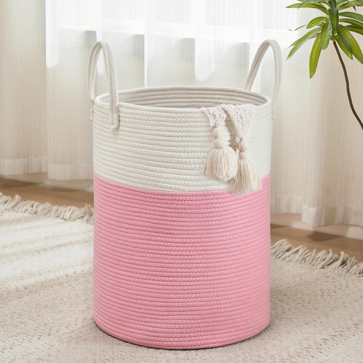 Cotton Rope Laundry Storage Basket White Pink Home Organizer