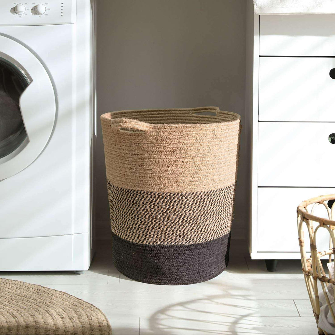 Beige Black Laundry Storage Basket Large Rope Organizer Bin