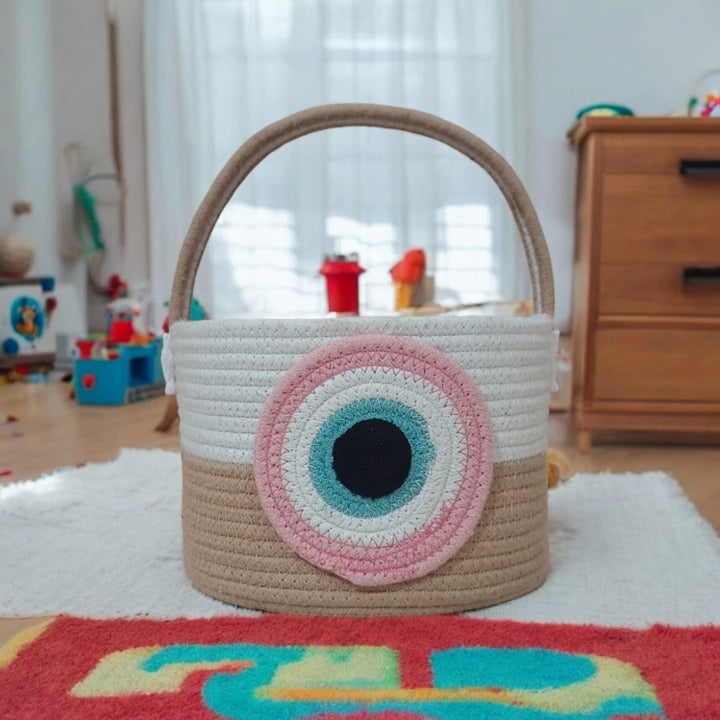 Beige White Cotton Rope Storage Basket with Evil Eye Design