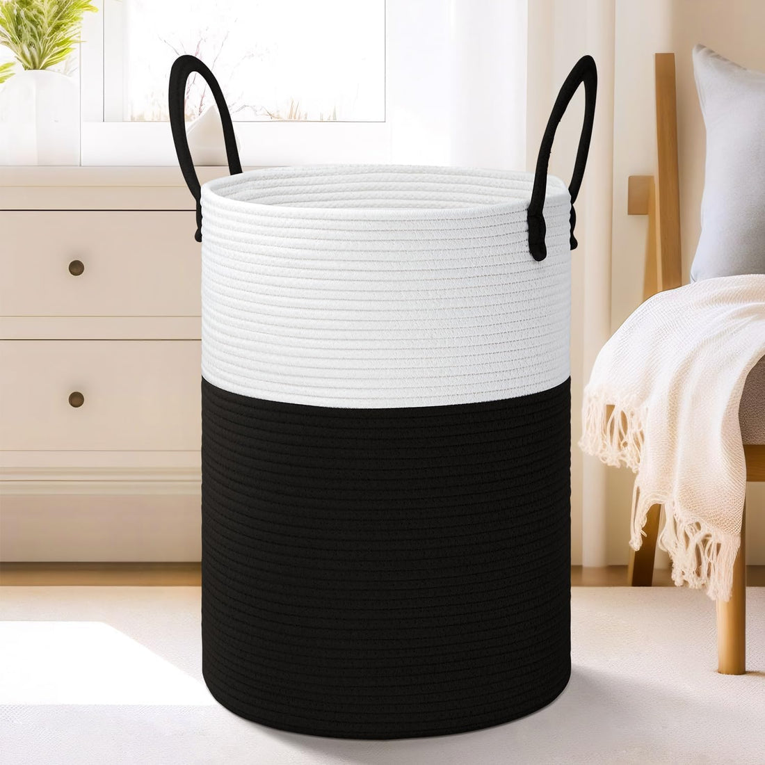 Cotton Rope Laundry Storage Basket White Black Home Organizer