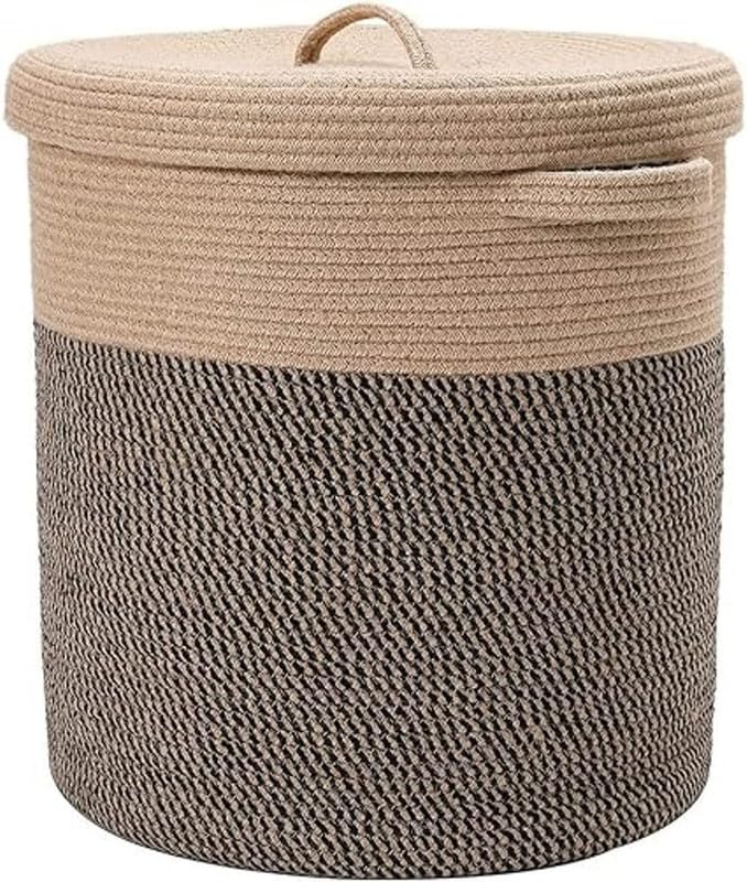 Beige Rope Storage Basket with Lid Large Laundry Organizer