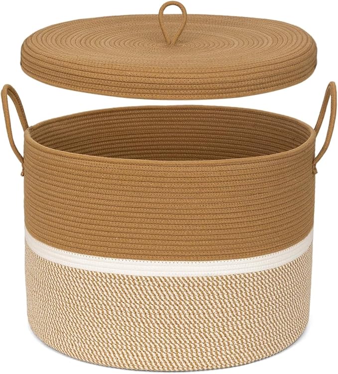 Cotton Rope Storage Basket with Lid Brown Beige Organizer