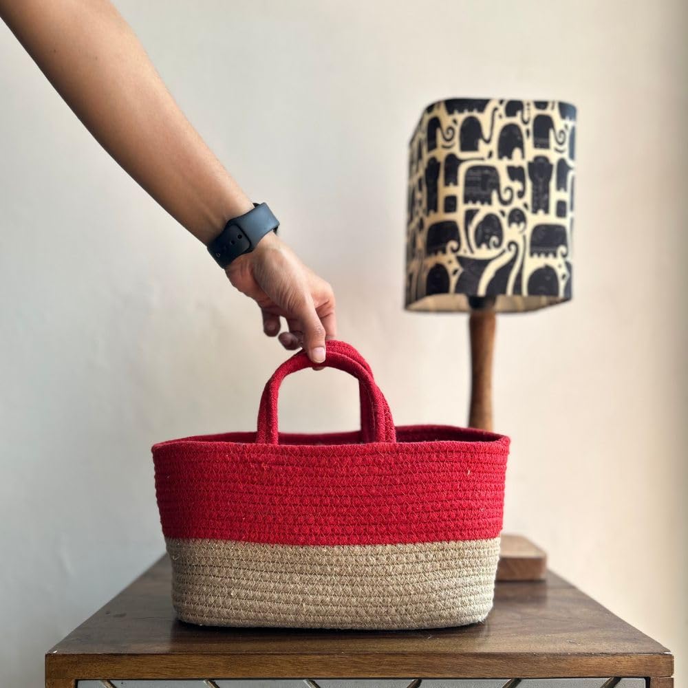 Dual Tone Cotton Rope Storage Basket with Handle Organizer