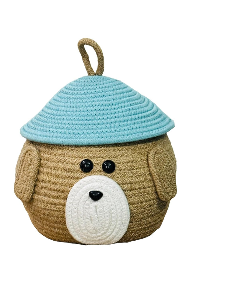 Brown Cotton Rope Dog Face Matka Storage Basket with Lid