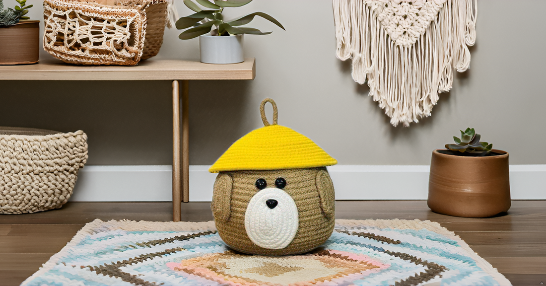 Brown Dog Face Cotton Rope Matka Basket with Yellow Lid