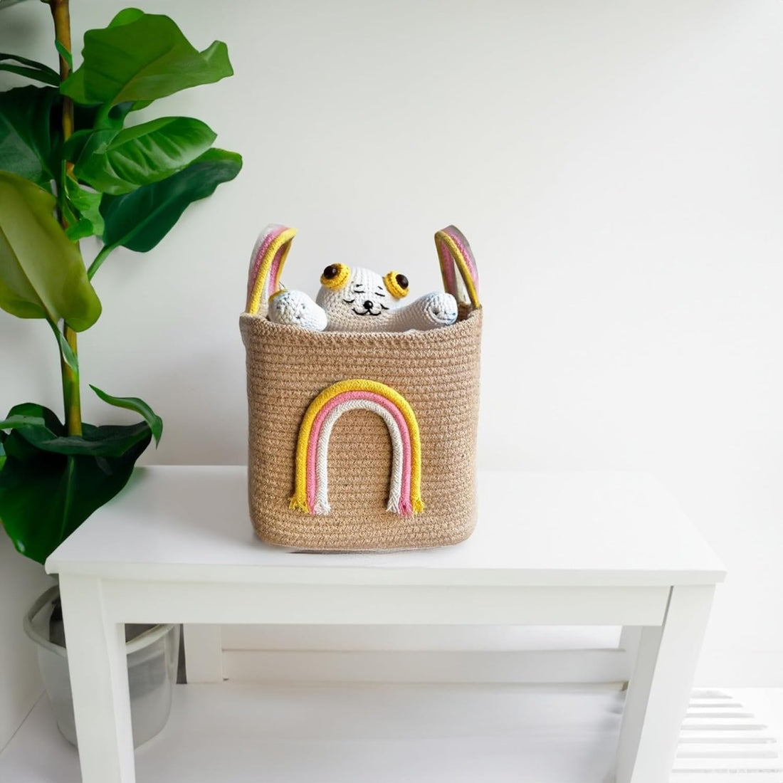 Rainbow Design Cotton Rope Storage Basket with Handles