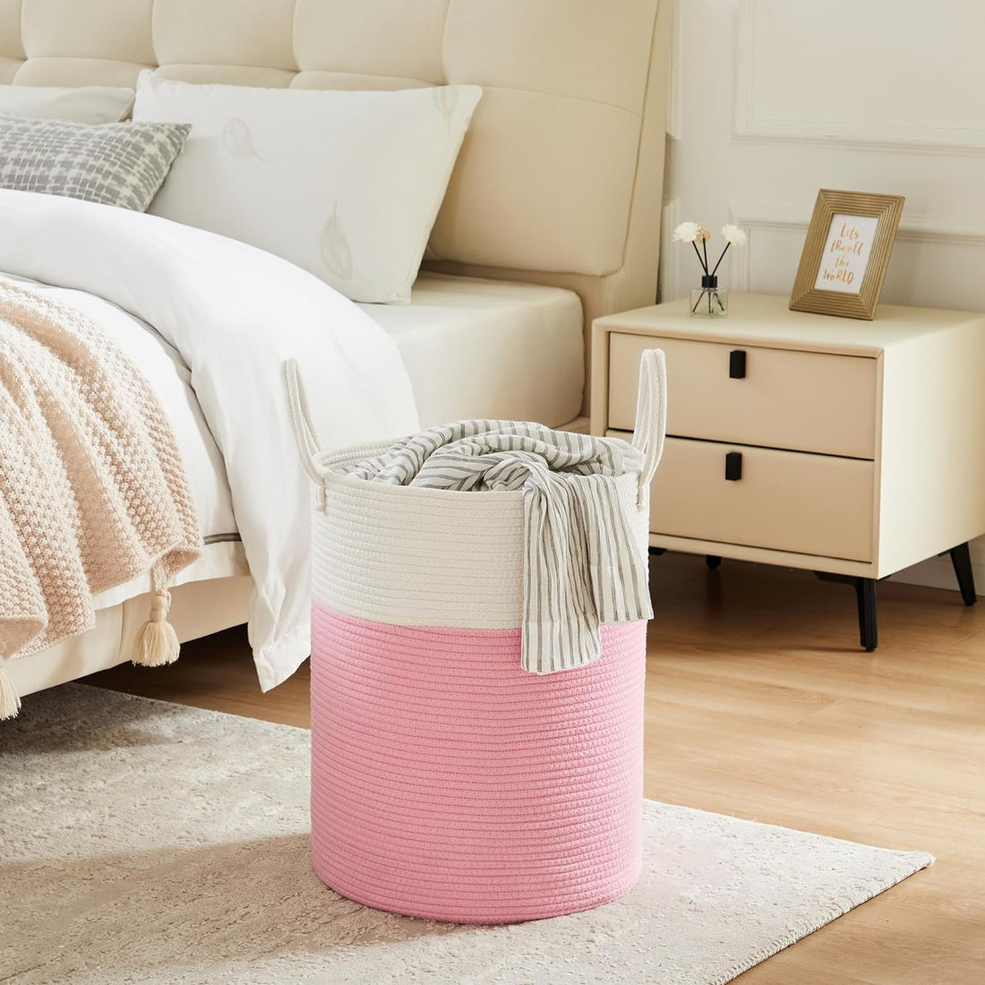 Cotton Rope Laundry Storage Basket White Pink Home Organizer