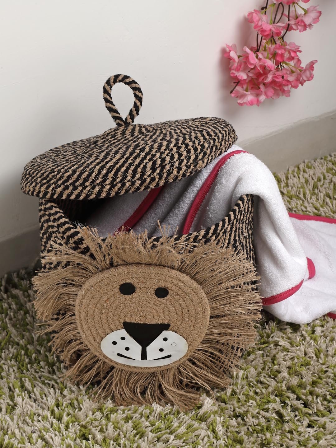Brown Lion Face Storage Basket with Lid for Kids Toy Room