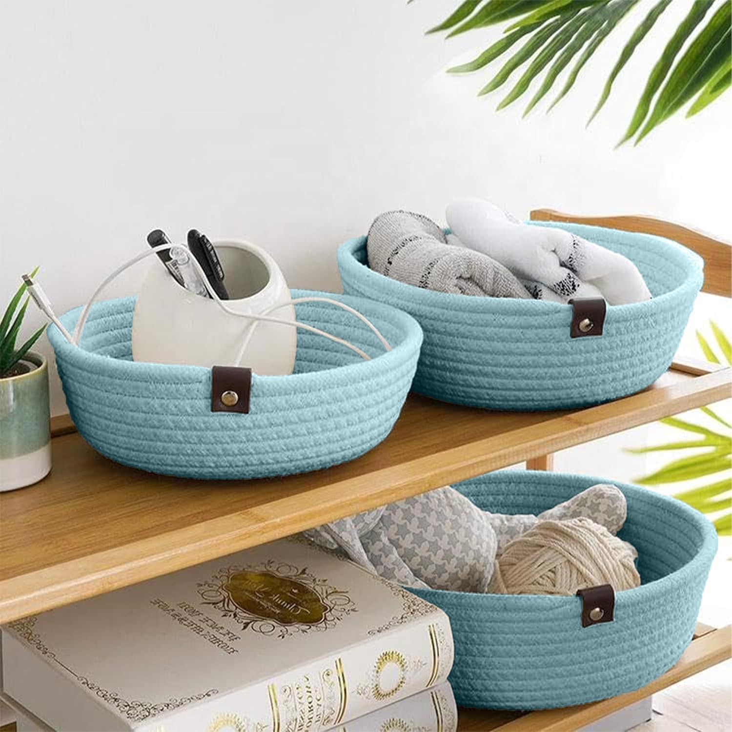 Light Blue Cotton Rope Storage Bowl Set for Home Use