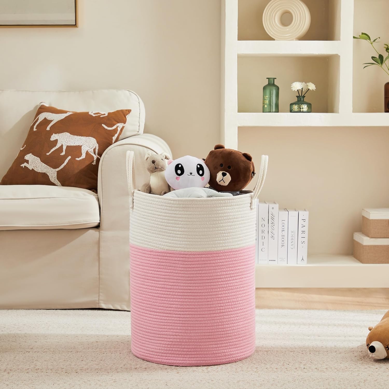 Cotton Rope Laundry Storage Basket White Pink Home Organizer