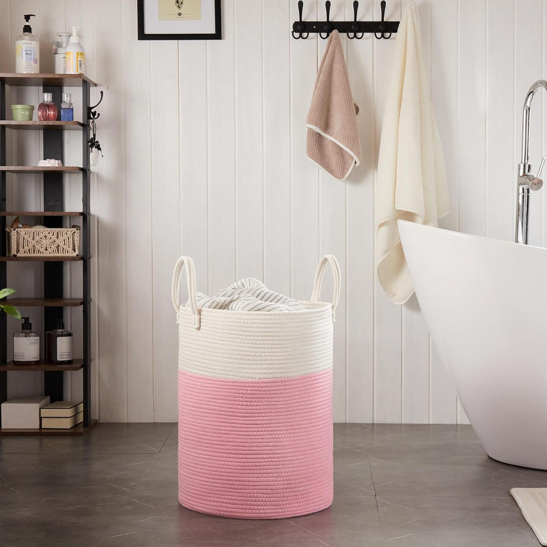 Cotton Rope Laundry Storage Basket White Pink Home Organizer