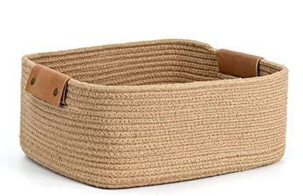 Beige Cotton Rope Storage Bowl with Leather Handles