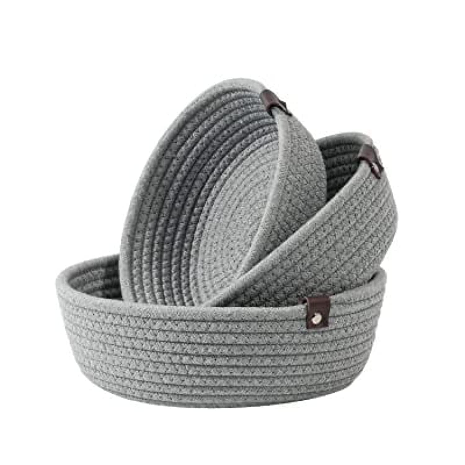 Grey Cotton Rope Storage Bowl Set with Leather Tabs
