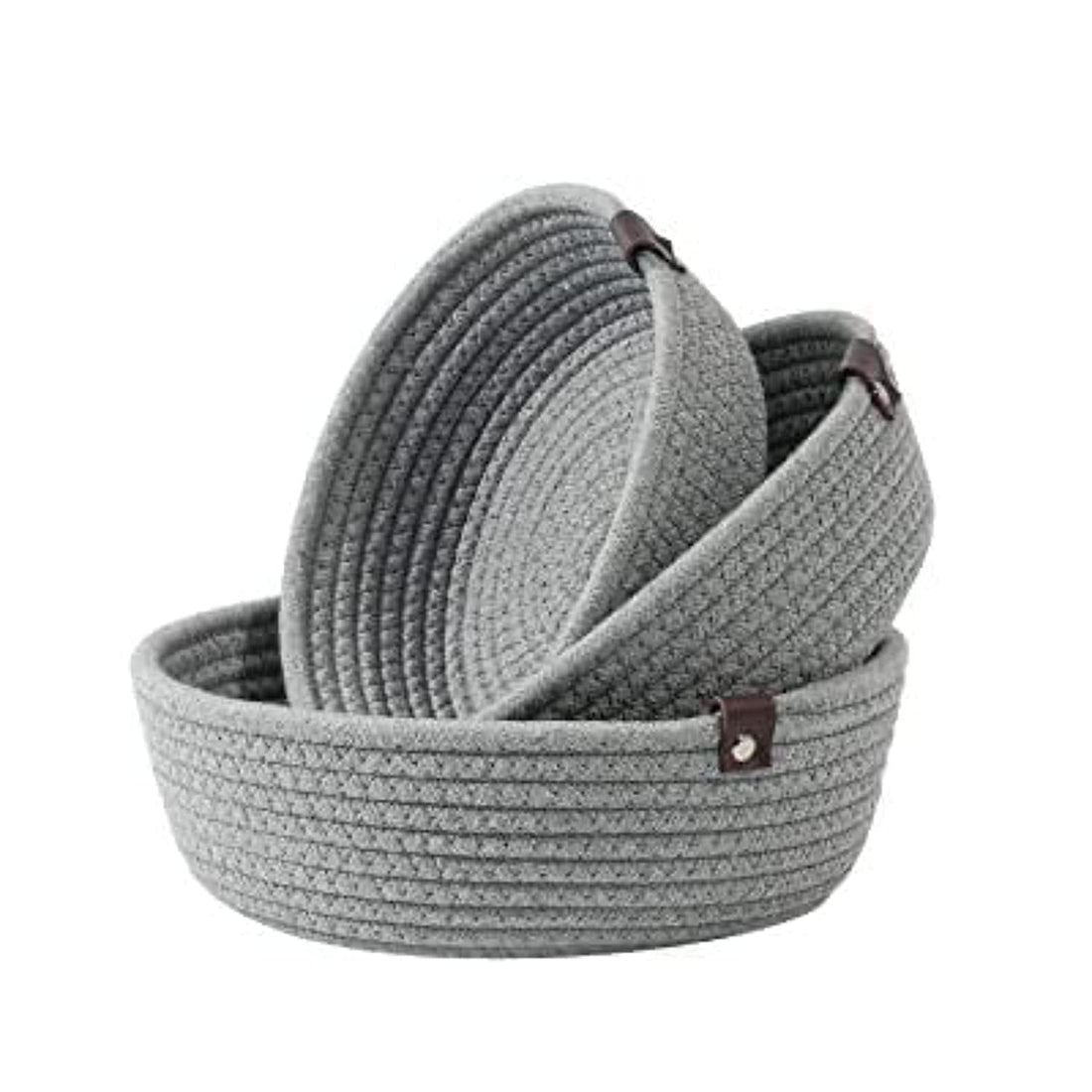 Grey Cotton Rope Storage Bowl Set with Leather Tabs
