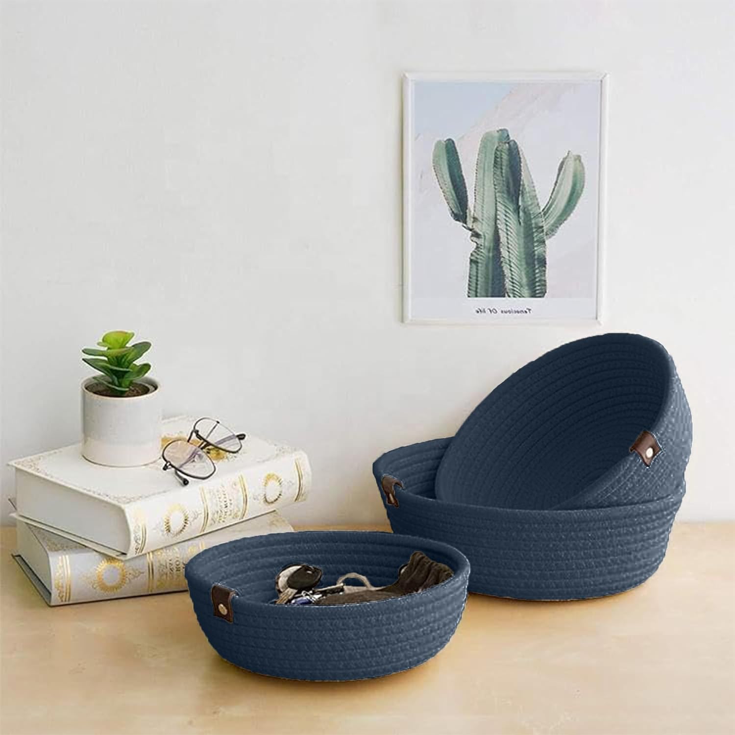 Navy Blue Cotton Rope Storage Bowl Set for Home