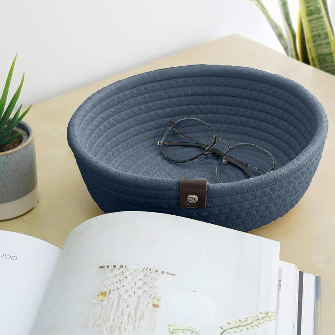 Navy Blue Cotton Rope Storage Bowl Set for Home