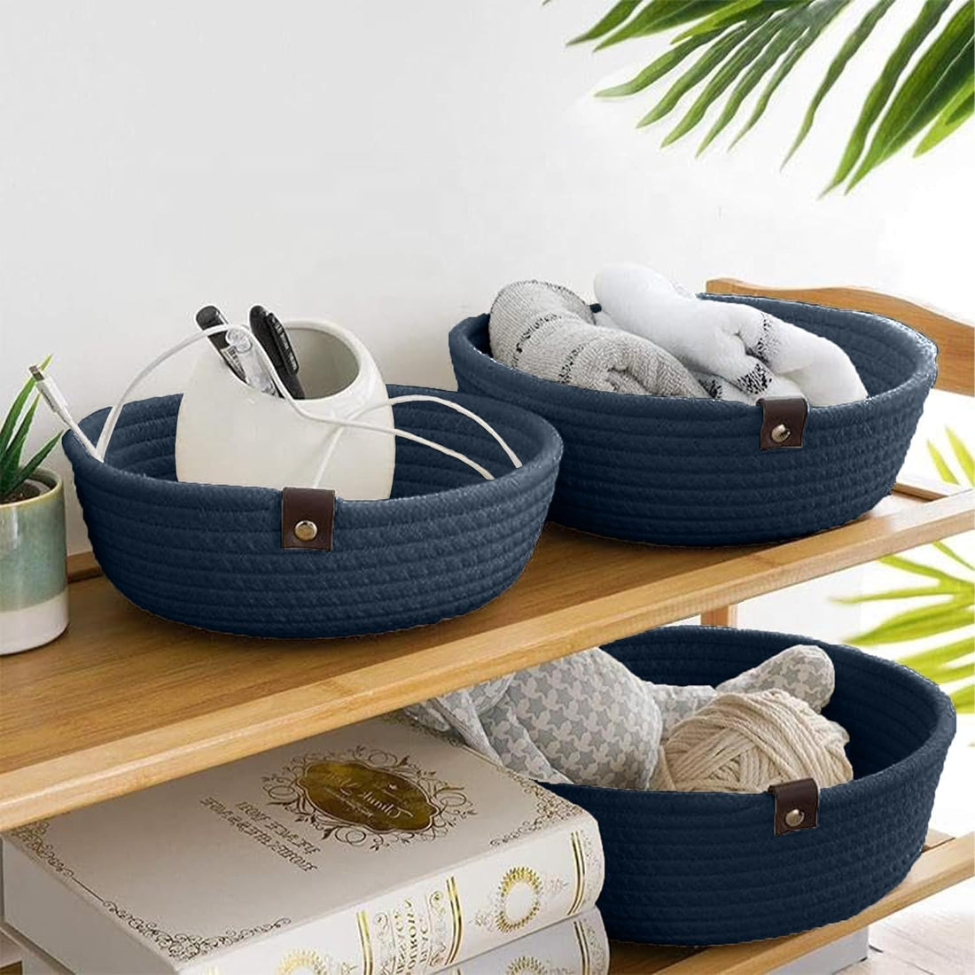 Navy Blue Cotton Rope Storage Bowl Set for Home