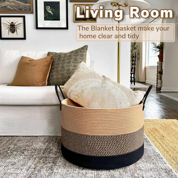 Cotton Rope Blanket Storage Basket Brown Black Home Organizer