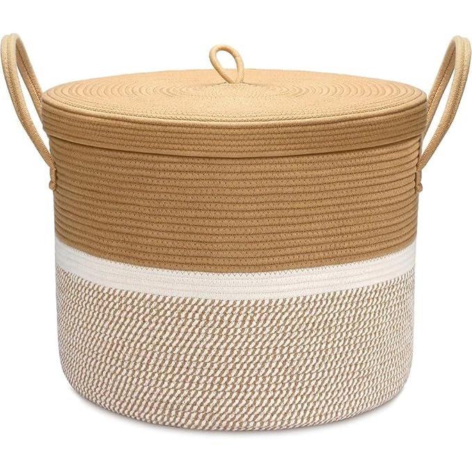 Cotton Rope Storage Basket with Lid Brown Beige Organizer
