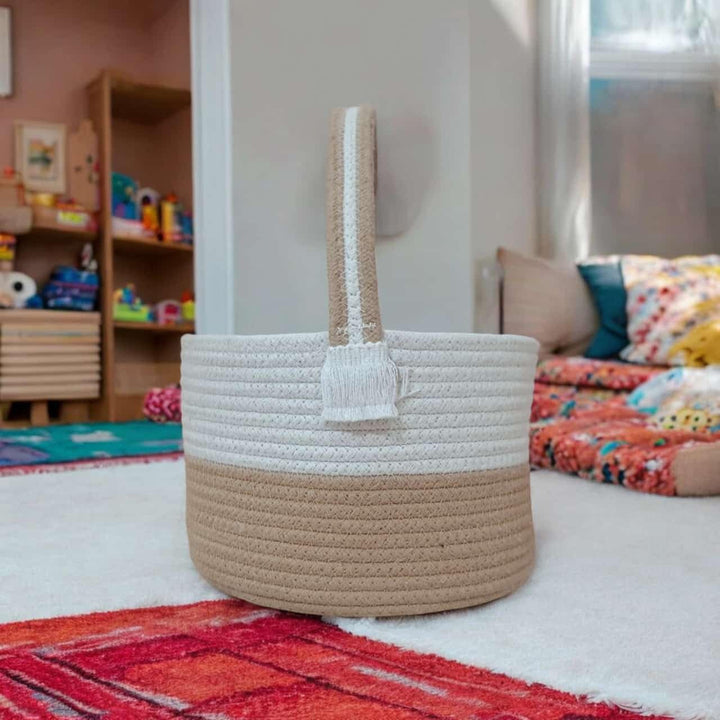 Beige White Cotton Rope Storage Basket with Evil Eye Design