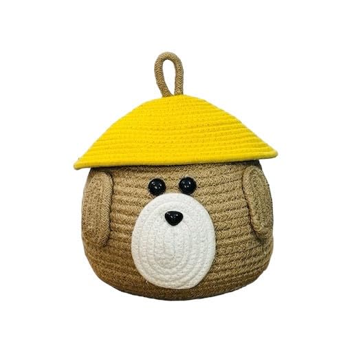 Brown Dog Face Cotton Rope Matka Basket with Yellow Lid