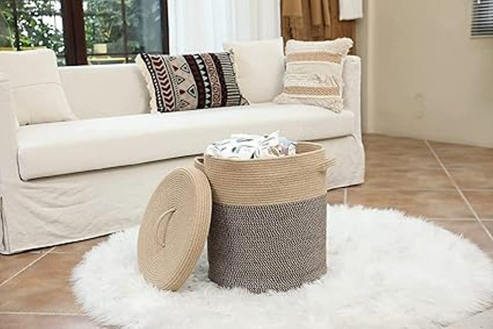 Beige Rope Storage Basket with Lid Large Laundry Organizer