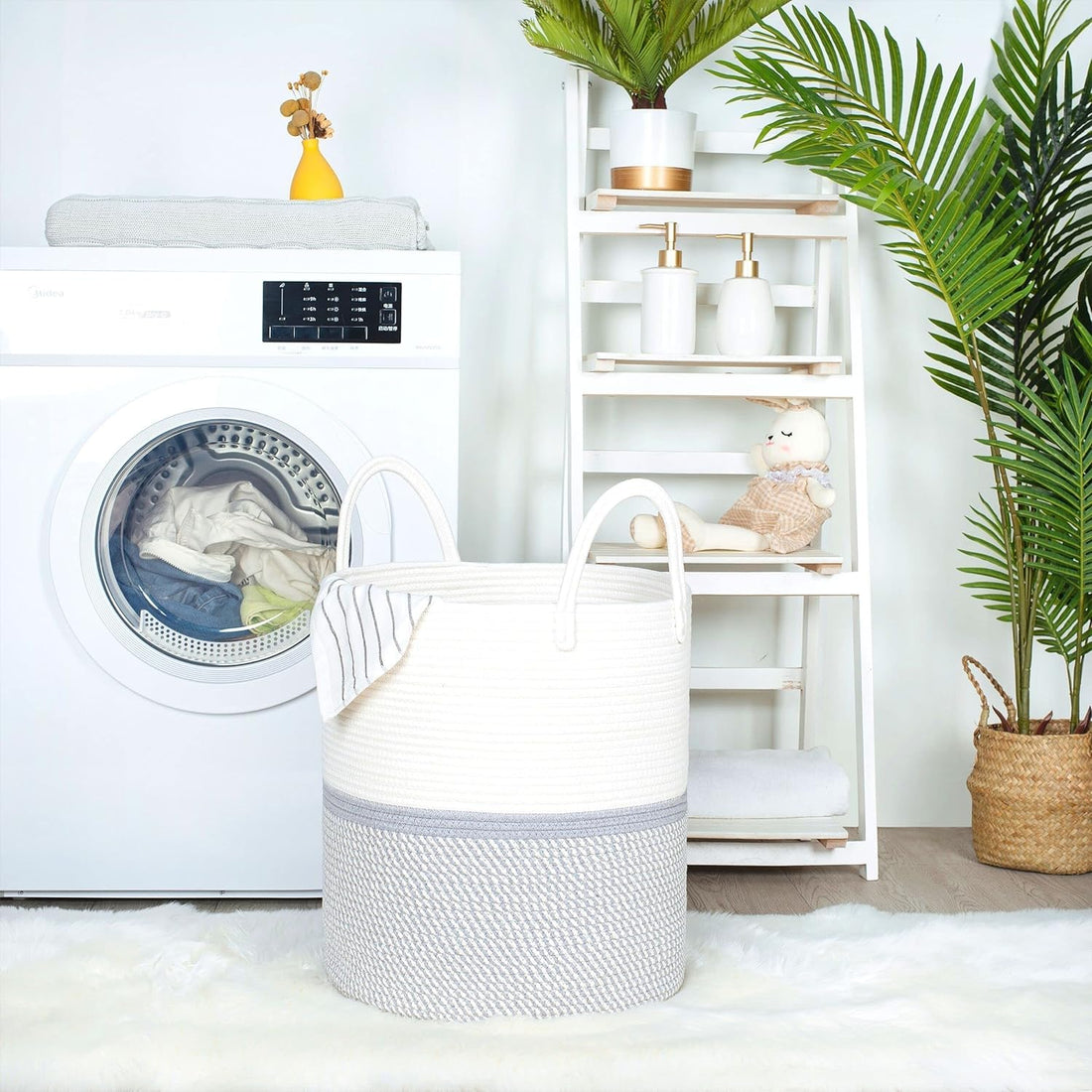 Cotton Rope Laundry Storage Basket White Grey Home Organizer