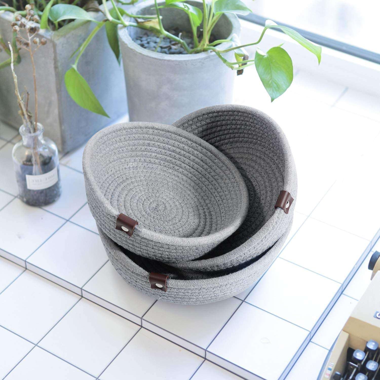 Grey Cotton Rope Storage Bowl Set with Leather Tabs