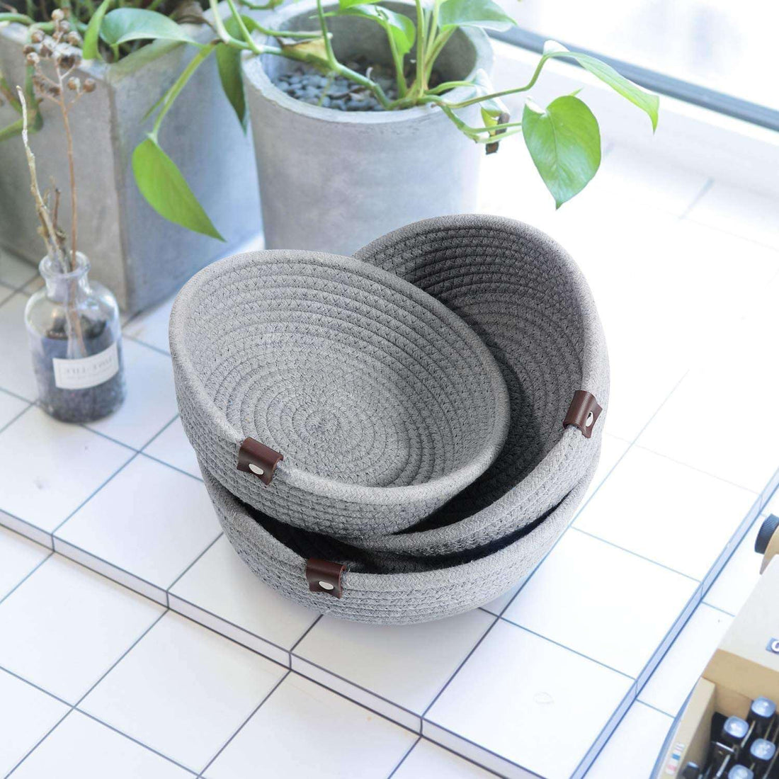 Grey Cotton Rope Storage Bowl Set with Leather Tabs