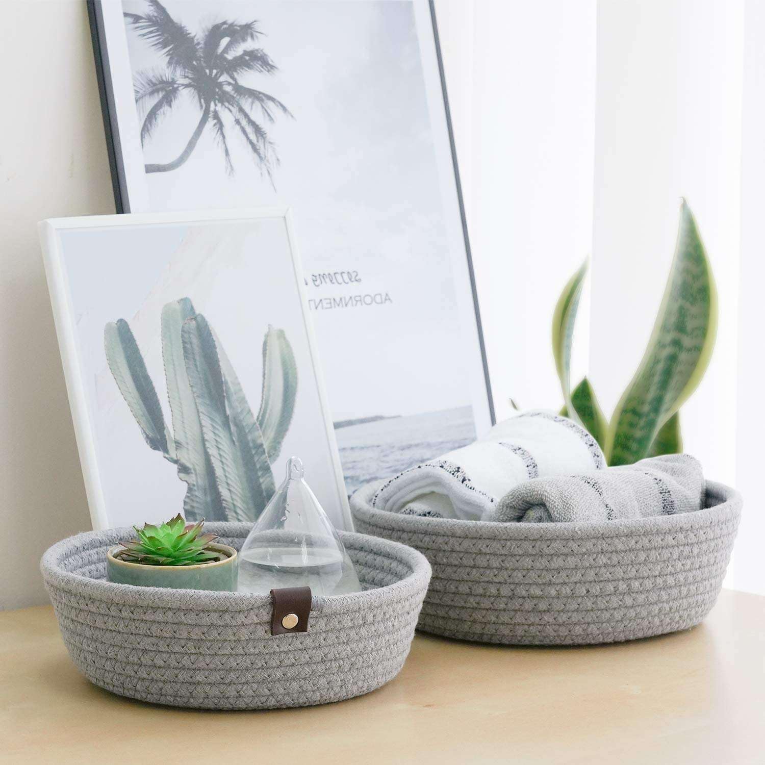 Grey Cotton Rope Storage Bowl Set with Leather Tabs