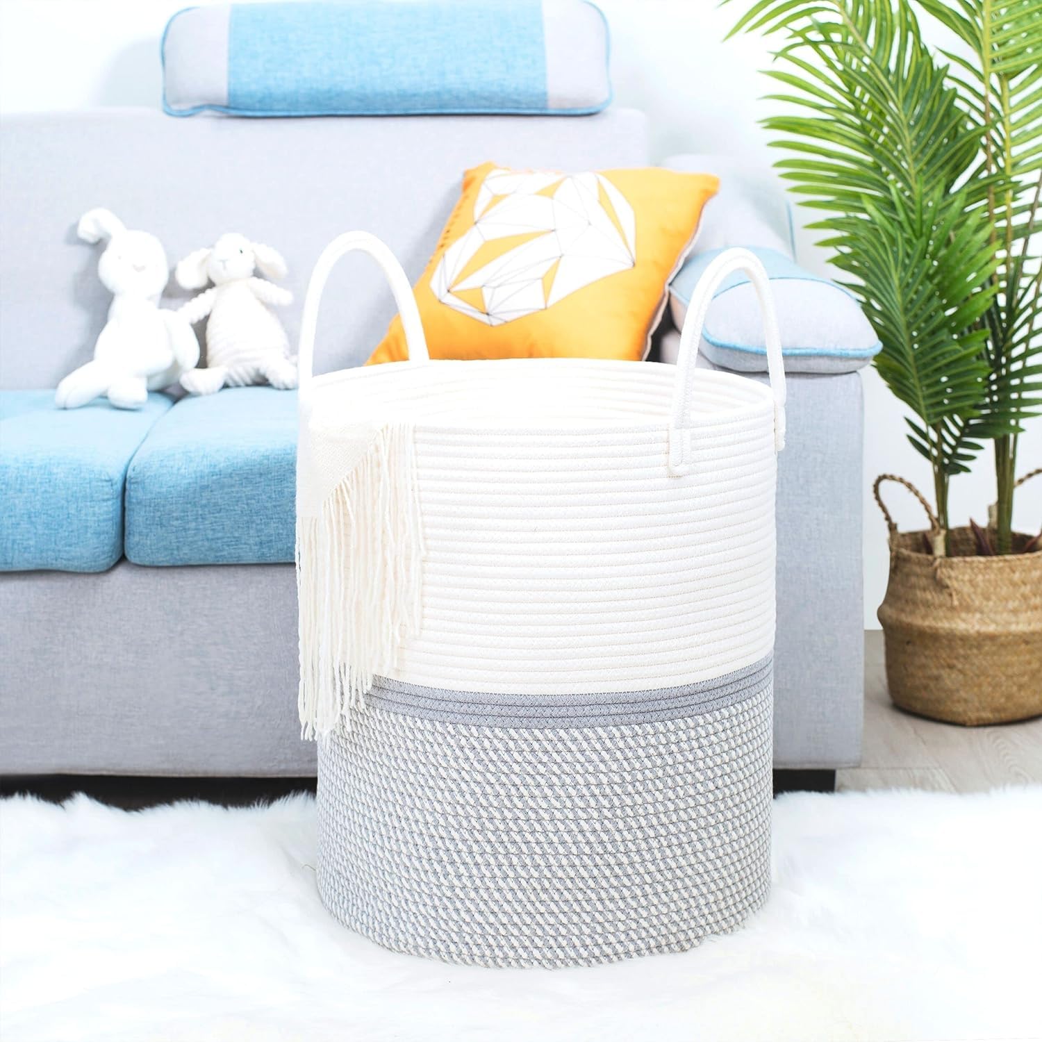 Cotton Rope Laundry Storage Basket White Grey Home Organizer