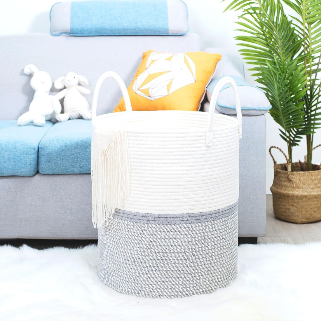 Cotton Rope Laundry Storage Basket White Grey Home Organizer