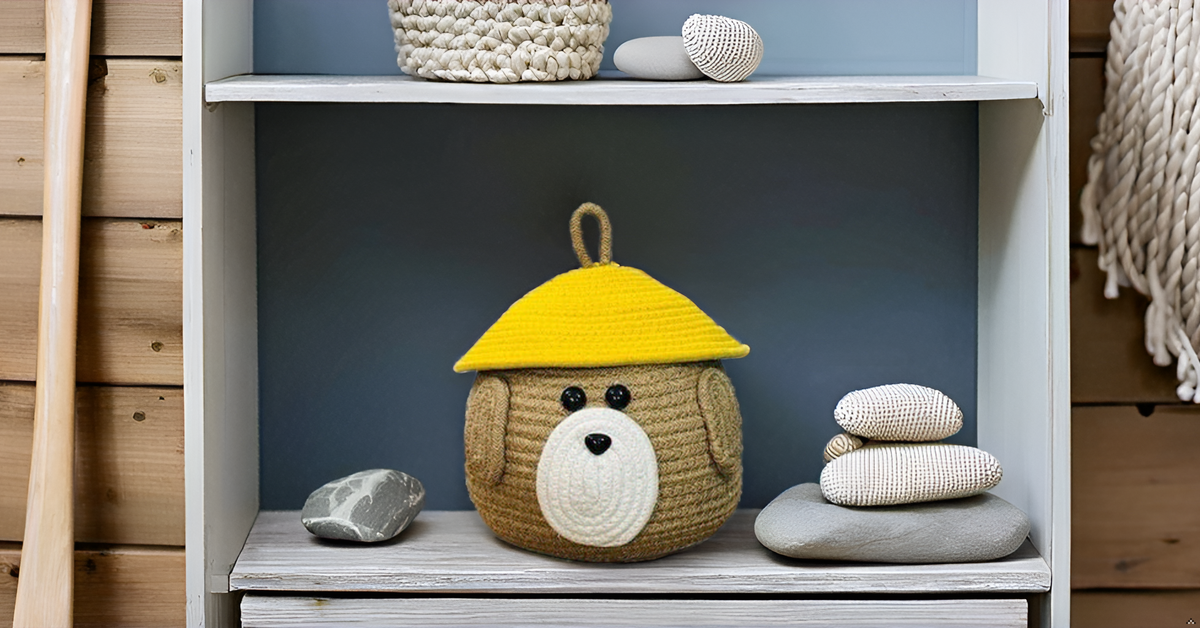 Brown Dog Face Cotton Rope Matka Basket with Yellow Lid