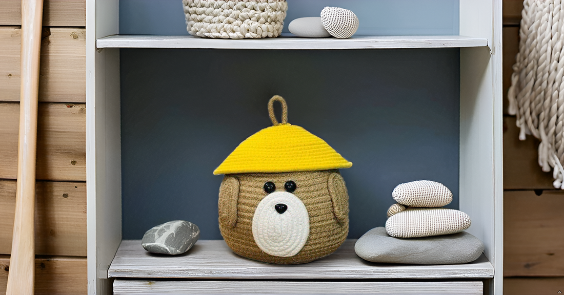 Brown Dog Face Cotton Rope Matka Basket with Yellow Lid