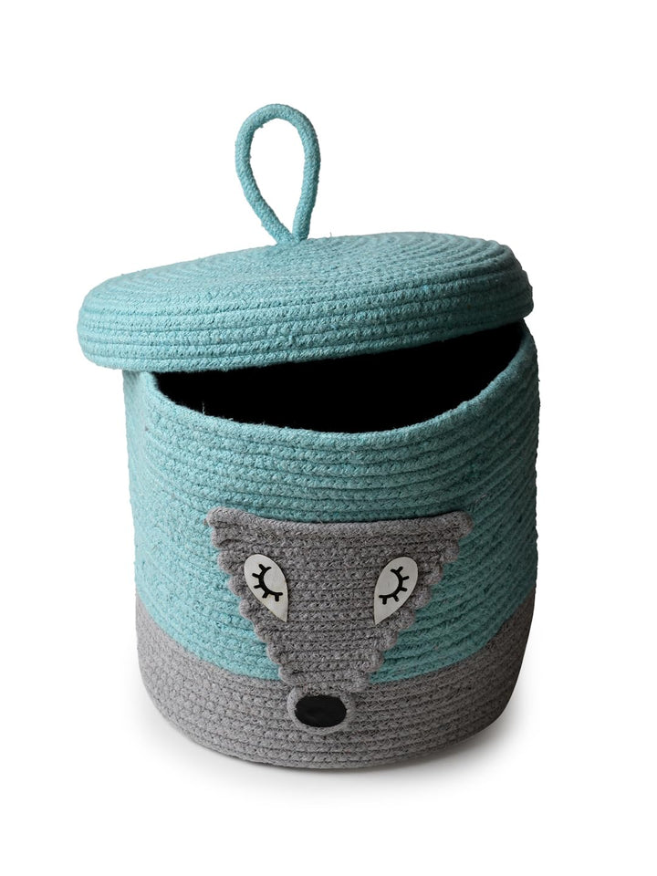 Mint Green Fox Face Storage Basket with Lid for Kids Room