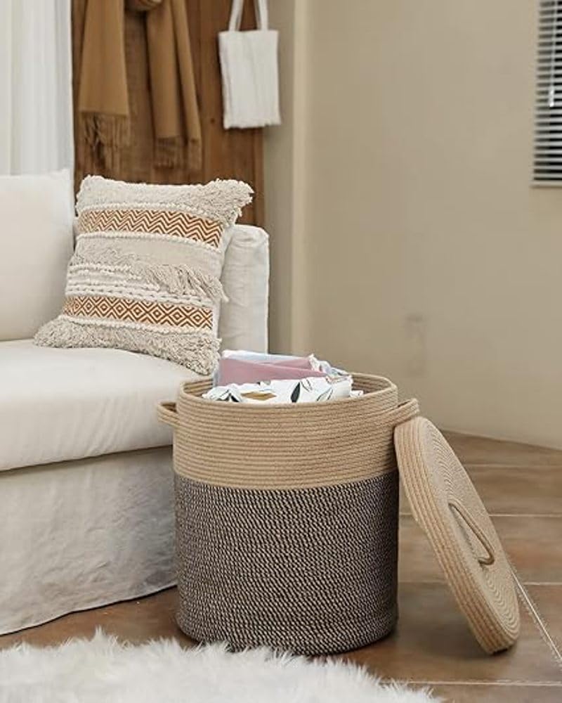 Beige Rope Storage Basket with Lid Large Laundry Organizer